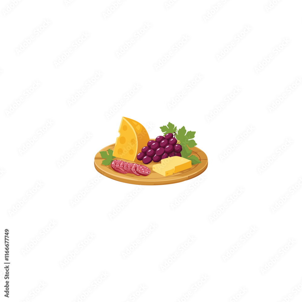 Flat vector illustration of cheese and meat on a wooden plate, white background, high resolution, no text, colorful, simple design, professional t-shirt design vector art style, no mockup effect, soli Flat vector illustration of cheese and meat on a wooden plate, white background, high resolution, no text, colorful, simple design, professional t-shirt design vector art style, no mockup effect, soli