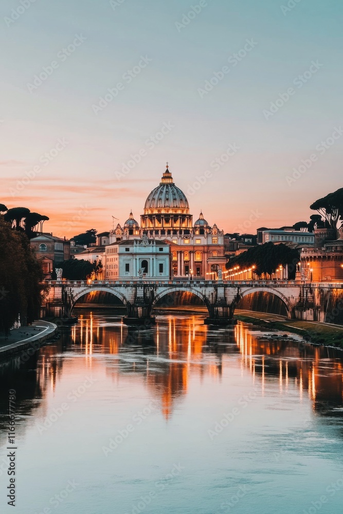 Fototapeta premium Saint Peters Basilica Rome at Sunset: A Serene View across the Tiber River