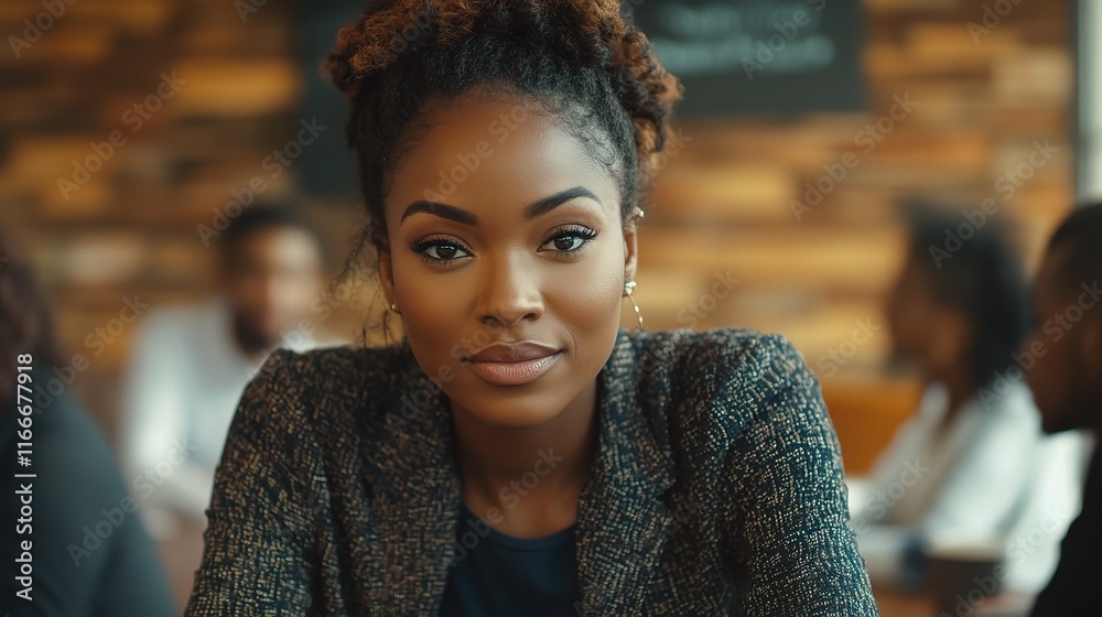 Confident Black Woman Engaged in Business Meeting Setting Confident Black Woman Engaged in Business Meeting Setting