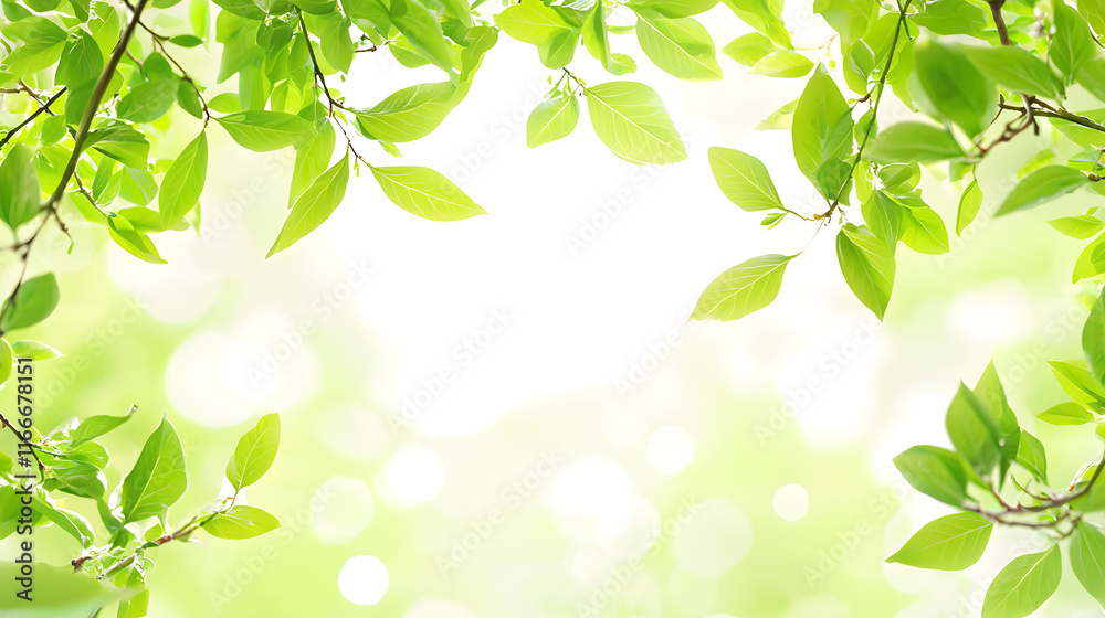 Bright spring forest with light green foliage and soft sunlight filtering through leaves, creating serene and refreshing atmosphere