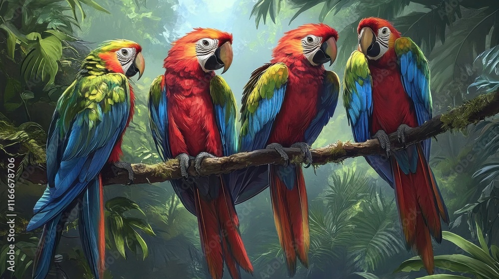 Obraz premium Colorful Birds Perched Among Vibrant Jungle Vines