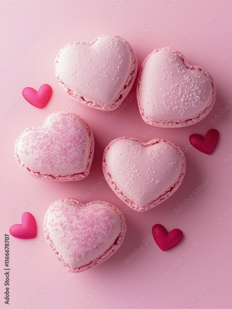 Heart shaped macarons cookies on pink, Valentine's Day love card Heart shaped macarons cookies on pink, Valentine's Day love card