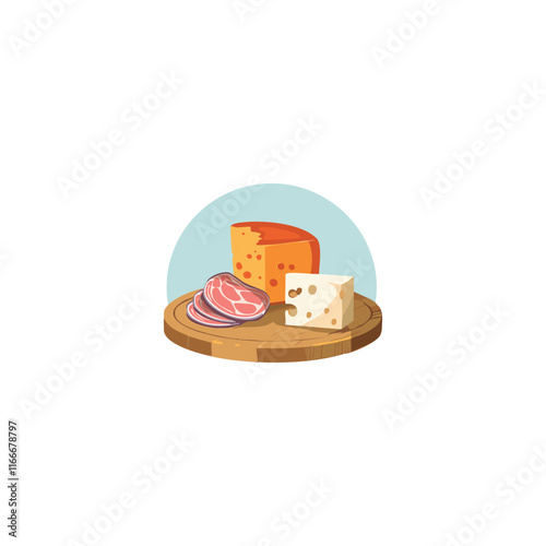 Flat vector illustration of cheese and meat on a wooden plate, white background, high resolution, no text, colorful, simple design, professional t-shirt design vector art style, no mockup effect, soli