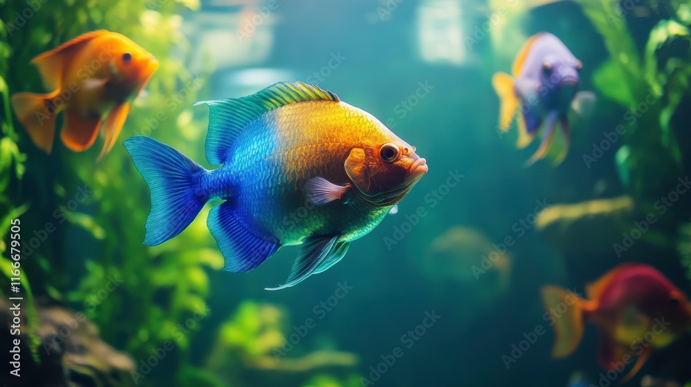 Naklejka premium Colorful Fish Swimming in a Jungle River Environment