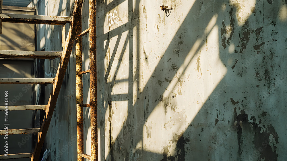 weathered wall with peeling paint and rusty ladder casting shadows. urban texture showcases blend of decay and light, creating striking visual contrast weathered wall with peeling paint and rusty ladder casting shadows. urban texture showcases blend of decay and light, creating striking visual contrast
