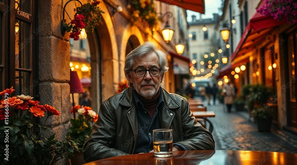 Obraz premium Thoughtful elderly man sitting at a table in a charming street cafe with warm evening lights