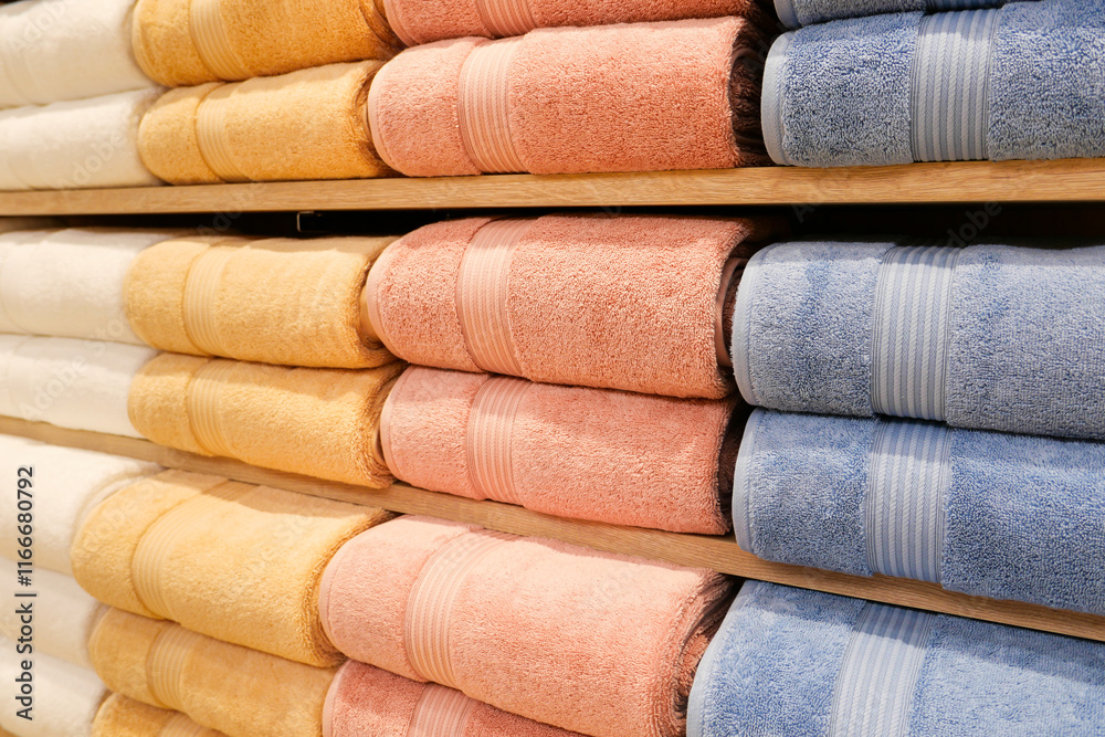 Multi colors Stack of bath towels. towels in a stack on the shelves in the supermarket. family shopping. Multi colors Stack of bath towels. towels in a stack on the shelves in the supermarket. family shopping.