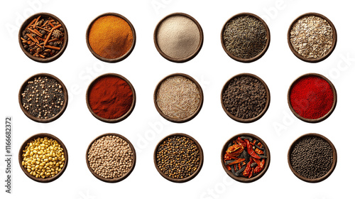 Variety of colorful spices and herbs arranged in wooden bowls, isolated on a transparent background.