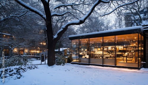 Glass Retail Building Lit in Snowy Winter Park at Twilight