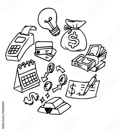 Money and finance doodle set. Dollar Banknotes, coins, money bag in sketch style. Banking related elements.