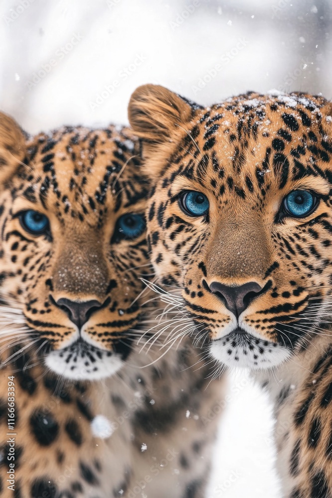 Fototapeta premium Stunning Closeup of Two Amur Leopards in Winter Wonderland, Snowflakes Falling, Captivating Blue Eyes, Majestic Wildlife