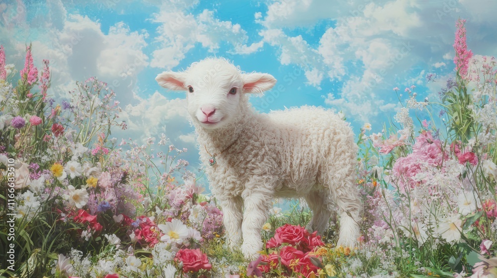 Obraz premium Innocent Joy - Sweet Lamb Frolicking in Vibrant Pasture with Wildflowers | Ultra-Detailed Photograph