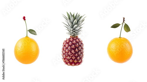 Illustration of a pineapple, orange, and cherry in vibrant colors on a white background, showcasing fresh, tropical fruits in a simple and artistic design, evoking a sense of summer freshness and natu photo