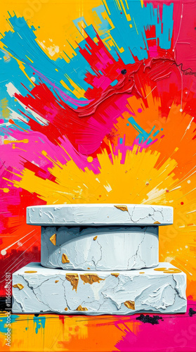 three-tiered gray platform against a multicolored background