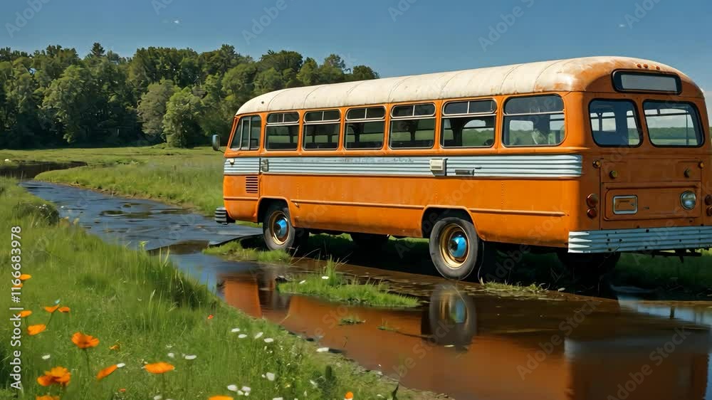 Video footage of old orange bus is parked beside a shallow stream in a lush green field with wildflowers and trees in the background under a clear blue sky