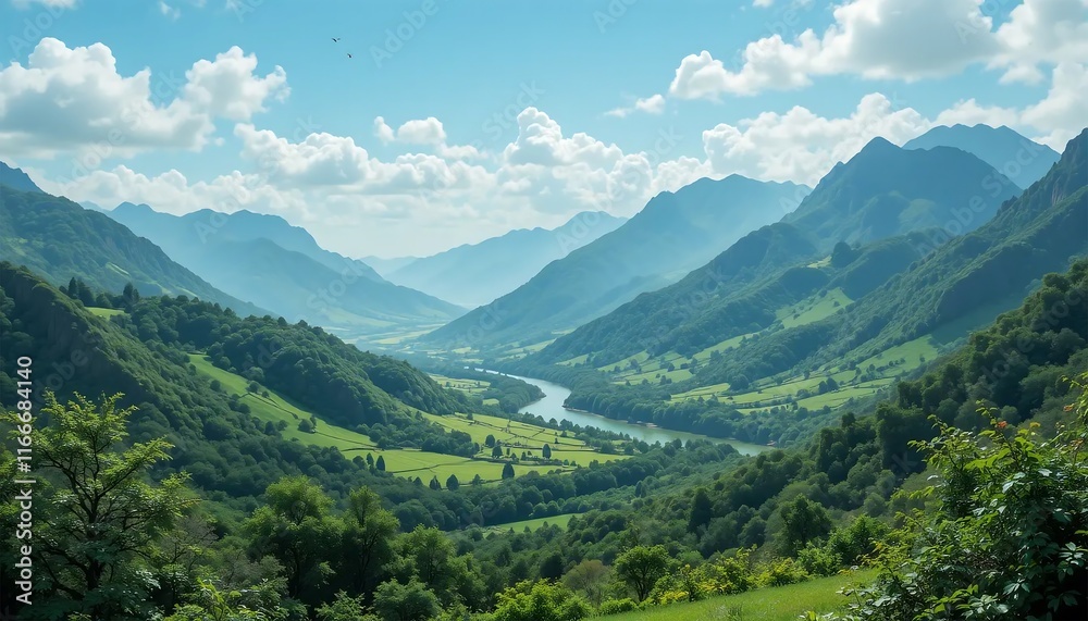 Stunning Panoramic View of Lush Green Valley and Mountains - Serene Nature Landscape Stunning Panoramic View of Lush Green Valley and Mountains - Serene Nature Landscape