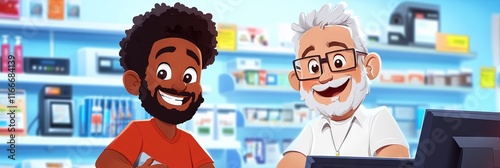 2d animated cartoon, vector illustration of friendly black man and white man shopping in electronics store  photo