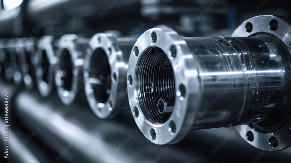 Fototapeta premium Rows of Shiny Metallic Industrial Parts Components and Equipment Lined Up in a High Tech Factory Workshop Showcasing Precision Engineering and Manufacturing