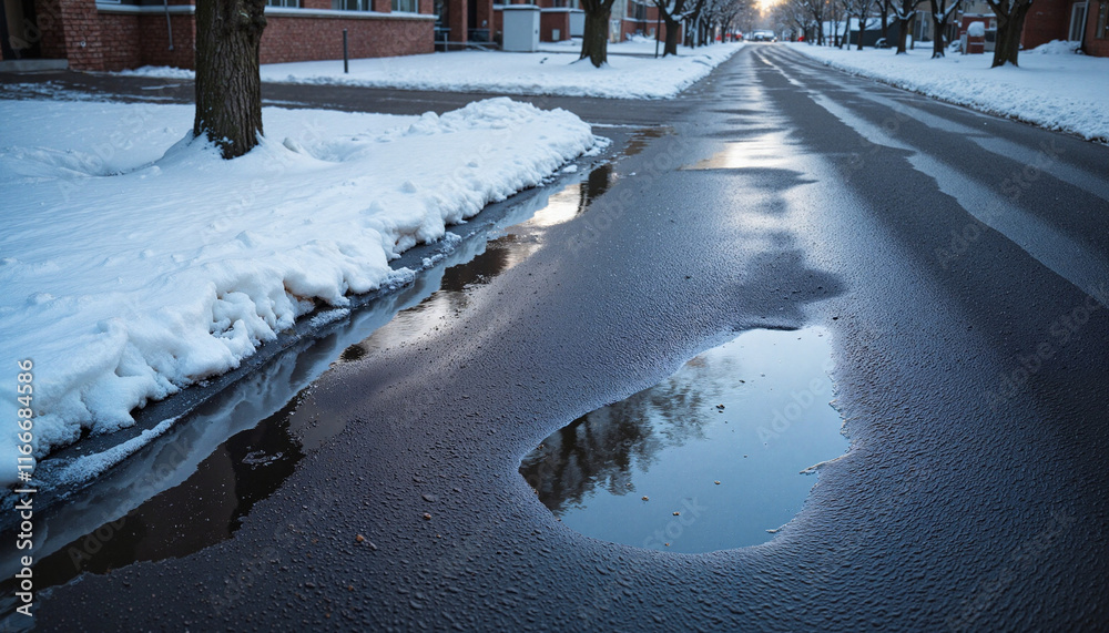 Obraz premium Melting snow and reflective puddles on asphalt road, urban winter scene