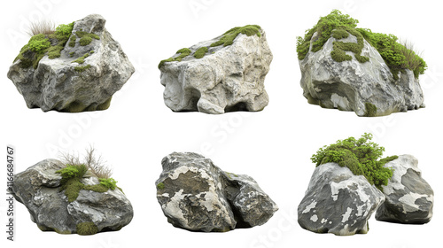 Set of green mossy rocks isolated on a transparent png background. Each rock has patches of green moss and small grass growing on them.