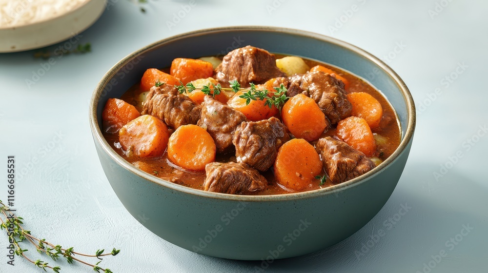 Hearty Irish Stew Bowl Filled with Tender Beef and Fresh Carrots in Delicious Broth Hearty Irish Stew Bowl Filled with Tender Beef and Fresh Carrots in Delicious Broth