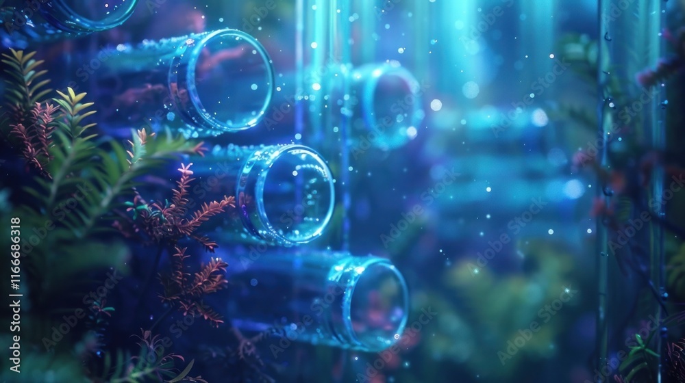 Obraz premium Captivating underwater scene featuring a swirling array of glowing colorful bubbles amidst a mesmerizing ethereal atmosphere This surreal dreamlike landscape exudes a sense of tranquility and wonder