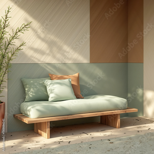 light-green cushioned wooden bench rests against a textured wall a calm setting photo