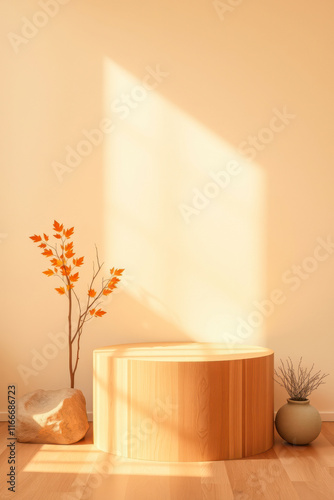 round wooden display stand with autumnal accents