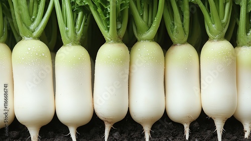 Freshly harvested white radishes in soil. (1) photo