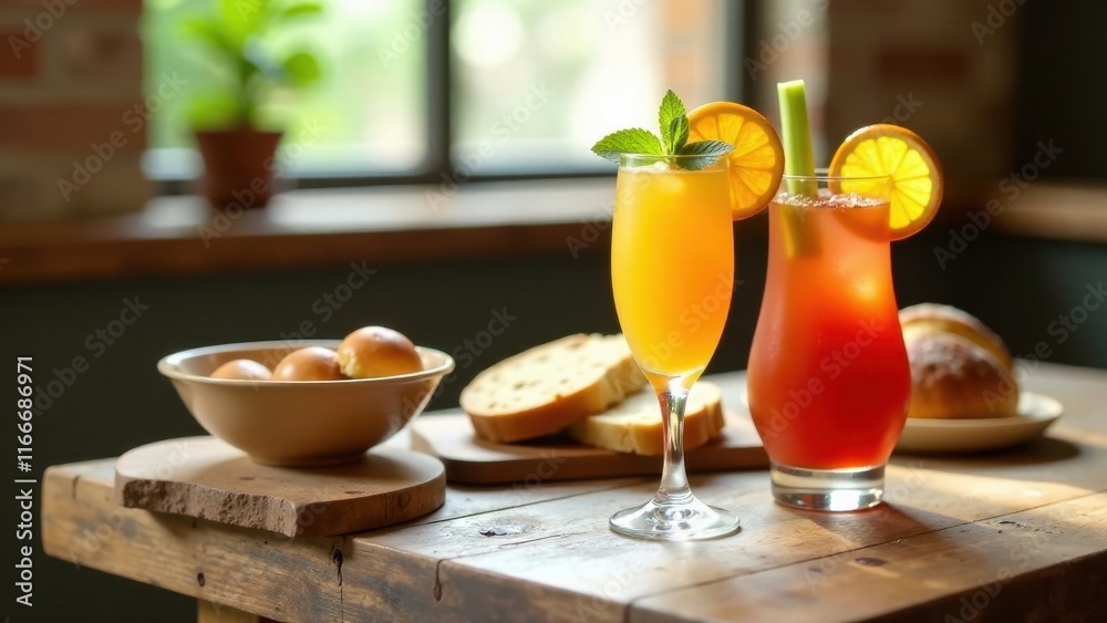 Refreshing citrus beverages served in elegant glassware alongside freshly baked pastries on rustic wooden table Refreshing citrus beverages served in elegant glassware alongside freshly baked pastries on rustic wooden table