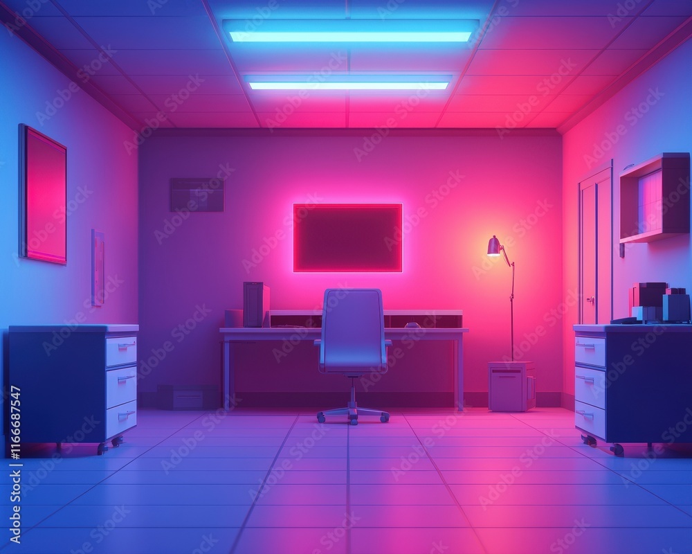 Gamification Vibrant modern office space with neon lighting and minimalist decor. Gamification Vibrant modern office space with neon lighting and minimalist decor.