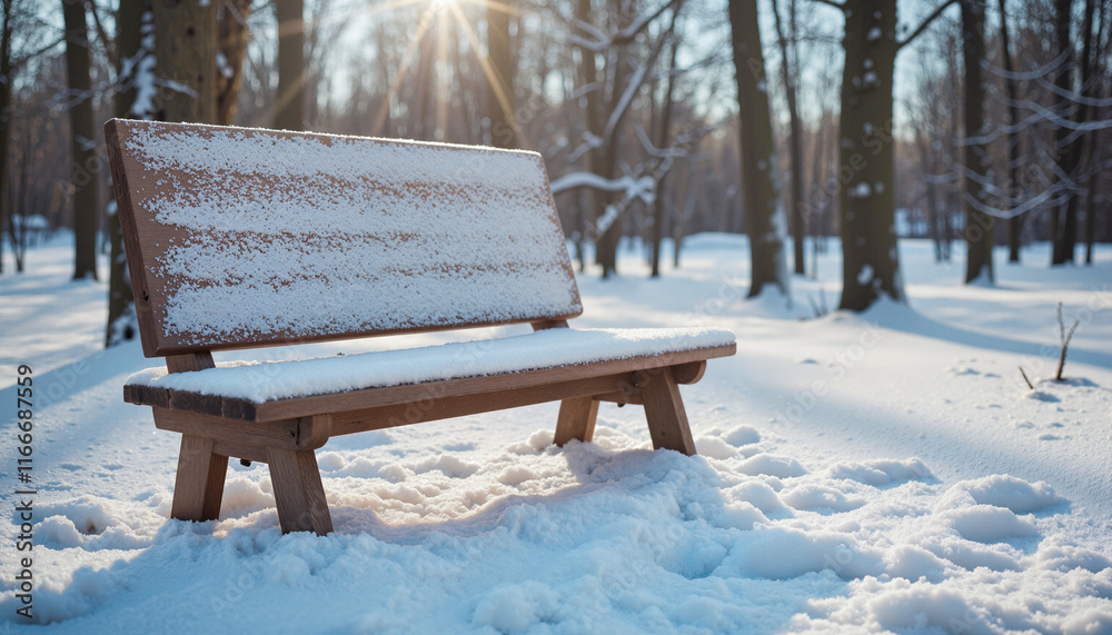 Rustic wooden bench covered in soft snow, serene winter park setting Rustic wooden bench covered in soft snow, serene winter park setting