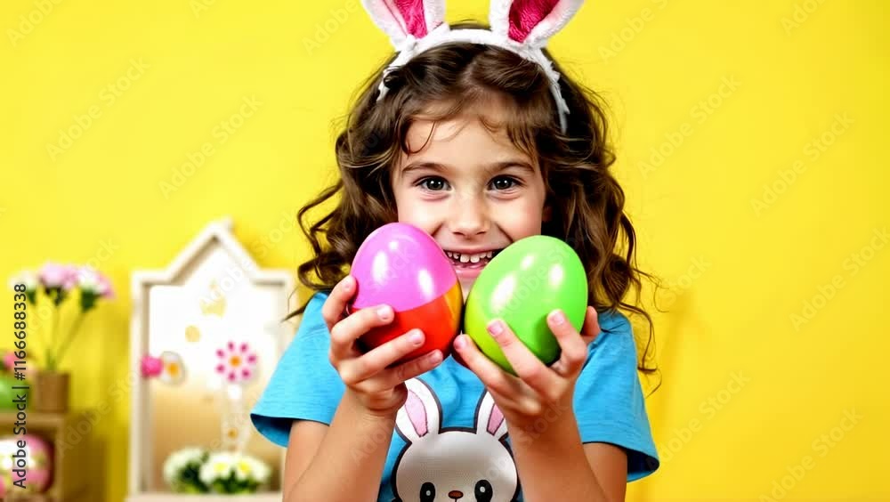 A little brunette girl with bunny ears and blue t-shirt playfully holds two colorful Easter eggs in front of her eyes, embodying the joy and excitement of the festive spring celebration over yellow. A little brunette girl with bunny ears and blue t-shirt playfully holds two colorful Easter eggs in front of her eyes, embodying the joy and excitement of the festive spring celebration over yellow.