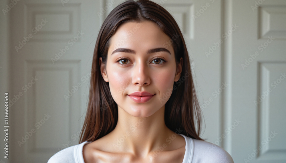 Young woman smiling against white wall, soft ambient light Young woman smiling against white wall, soft ambient light
