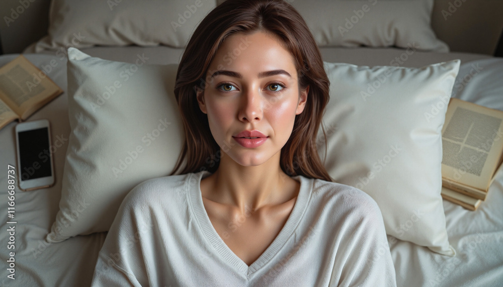 Woman resting on bed in morning light, Low energy Woman resting on bed in morning light, Low energy