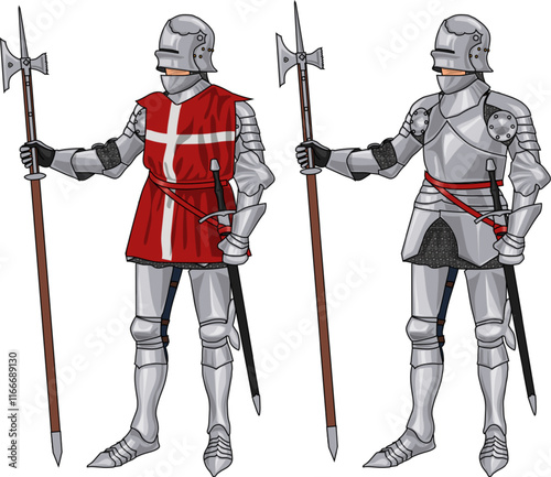 Two Late Medieval Men at Arms on Foot in Full Plate Armour and with Polearms, Illustration Isolated on Transparent Background, EPS 10 Vector