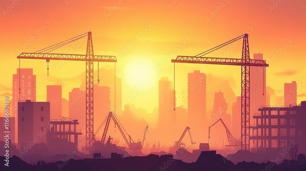 Fototapeta premium Modern Construction Site Silhouette with Cranes at Sunset
