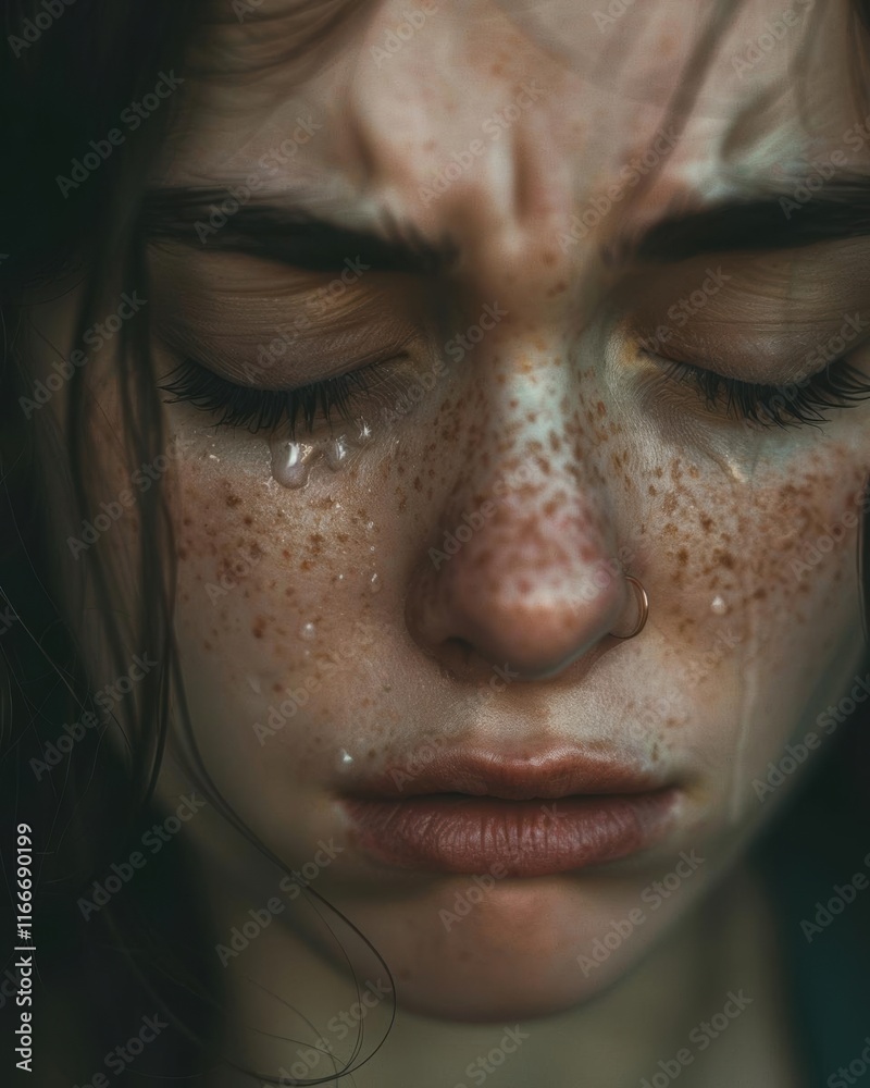 A close-up of a distressed person with tears and freckles. A close-up of a distressed person with tears and freckles.