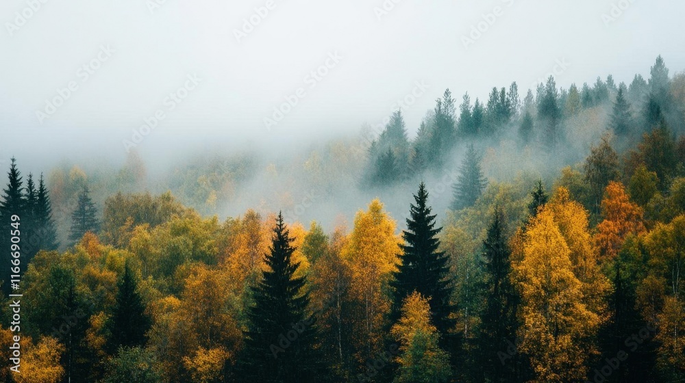 Misty forest with vibrant autumn foliage and serene atmosphere. Misty forest with vibrant autumn foliage and serene atmosphere.