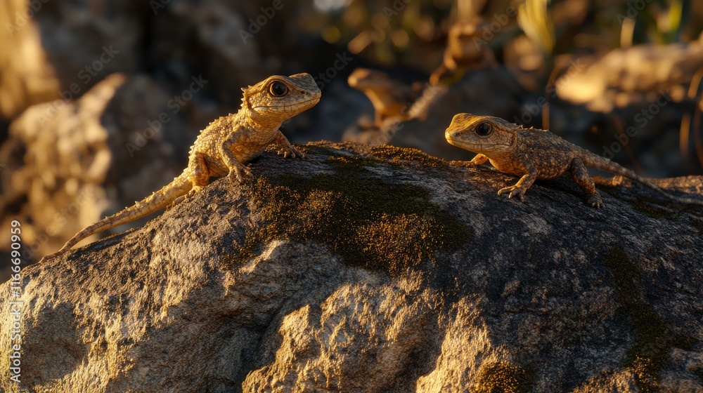 Fototapeta premium Reptiles Crawling on Moss Covered Jungle Rocks