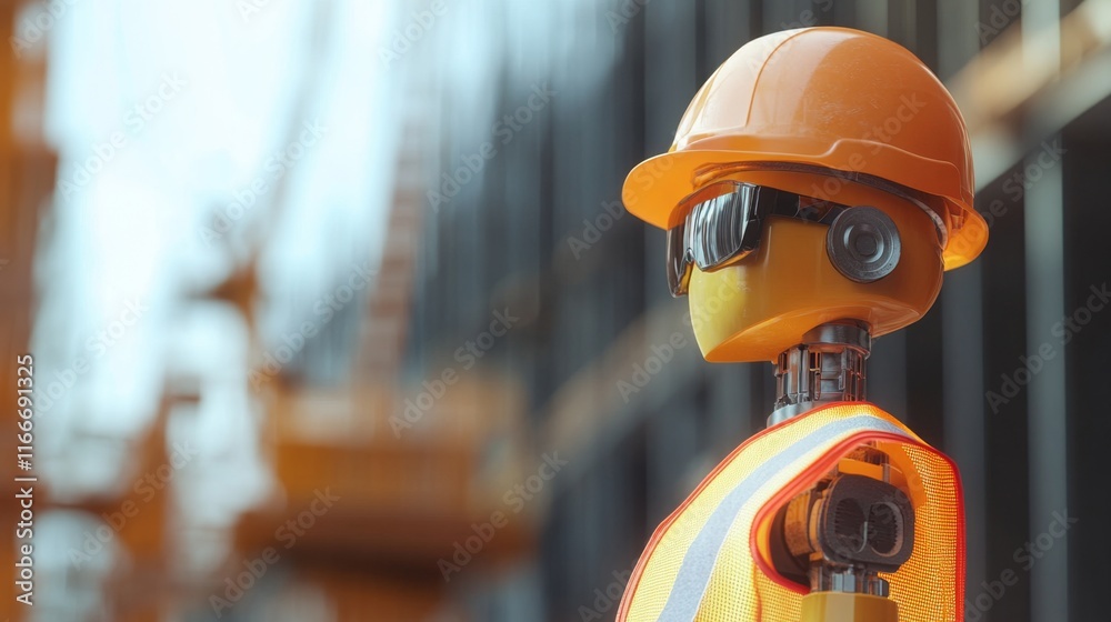 Robotic construction worker in orange hard hat and high-visibility vest on site background Robotic construction worker in orange hard hat and high-visibility vest on site background