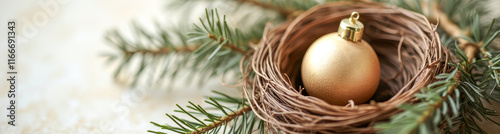 golden sphere ornament a twig nest with pine