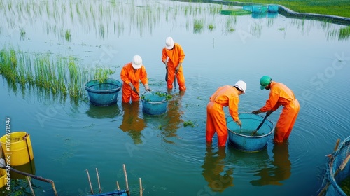 Sustainable Seafood Concept. Workers in orange suits gather aquatic resources in a flooded rice field, showcasing teamwork and agriculture practices. photo