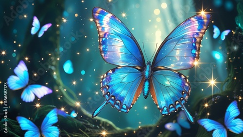 Dreamy blue morpho butterfly in enchanted forest