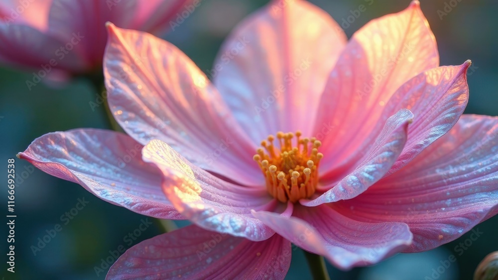 Delicate Pink Blossom Illuminated by Golden Hour Light, Petals Showcasing Intricate Veining and Dewdrop Details Delicate Pink Blossom Illuminated by Golden Hour Light, Petals Showcasing Intricate Veining and Dewdrop Details