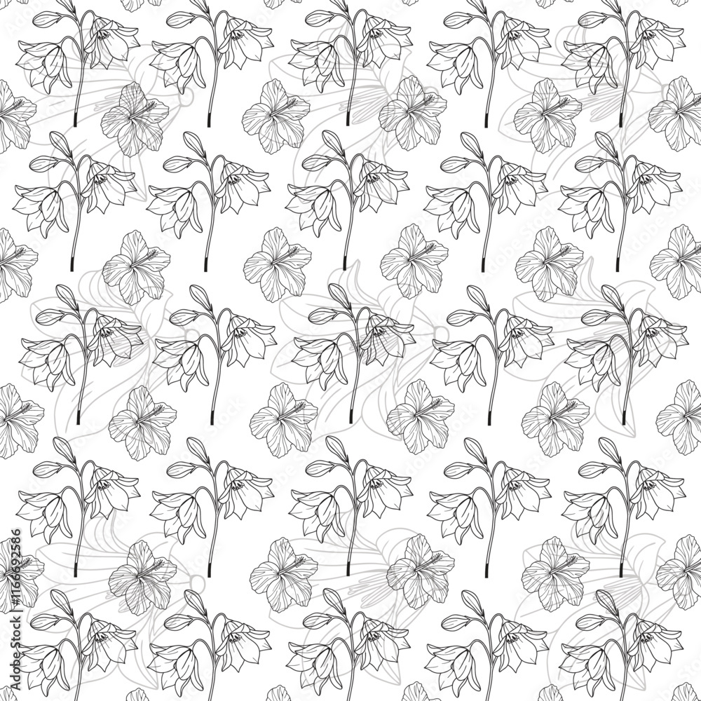 Fototapeta premium Black and white floral seamless pattern with delicate small flowers
