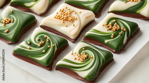 Delightful Clover Themed Chocolate Bark with Green Swirls and Golden Pearls for Festive Celebrations photo