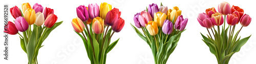 Set of a vibrant bouquet of tulips in assorted colors, isolated on a transparent background.