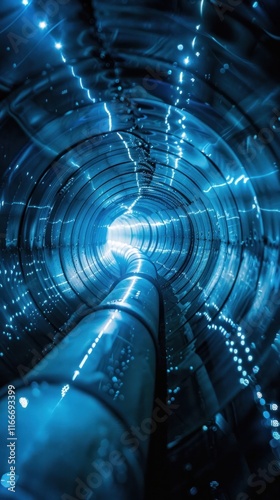 A radiant futuristic digital tunnel with a glowing geometric pathway stretching into the distance  The illuminated neon lit corridor creates a sci fi inspired cyberpunk esque atmosphere photo