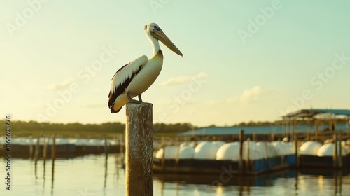 Sustainable Seafood Concept. A pelican perched on a wooden post by the water, surrounded by a serene landscape at sunset. photo